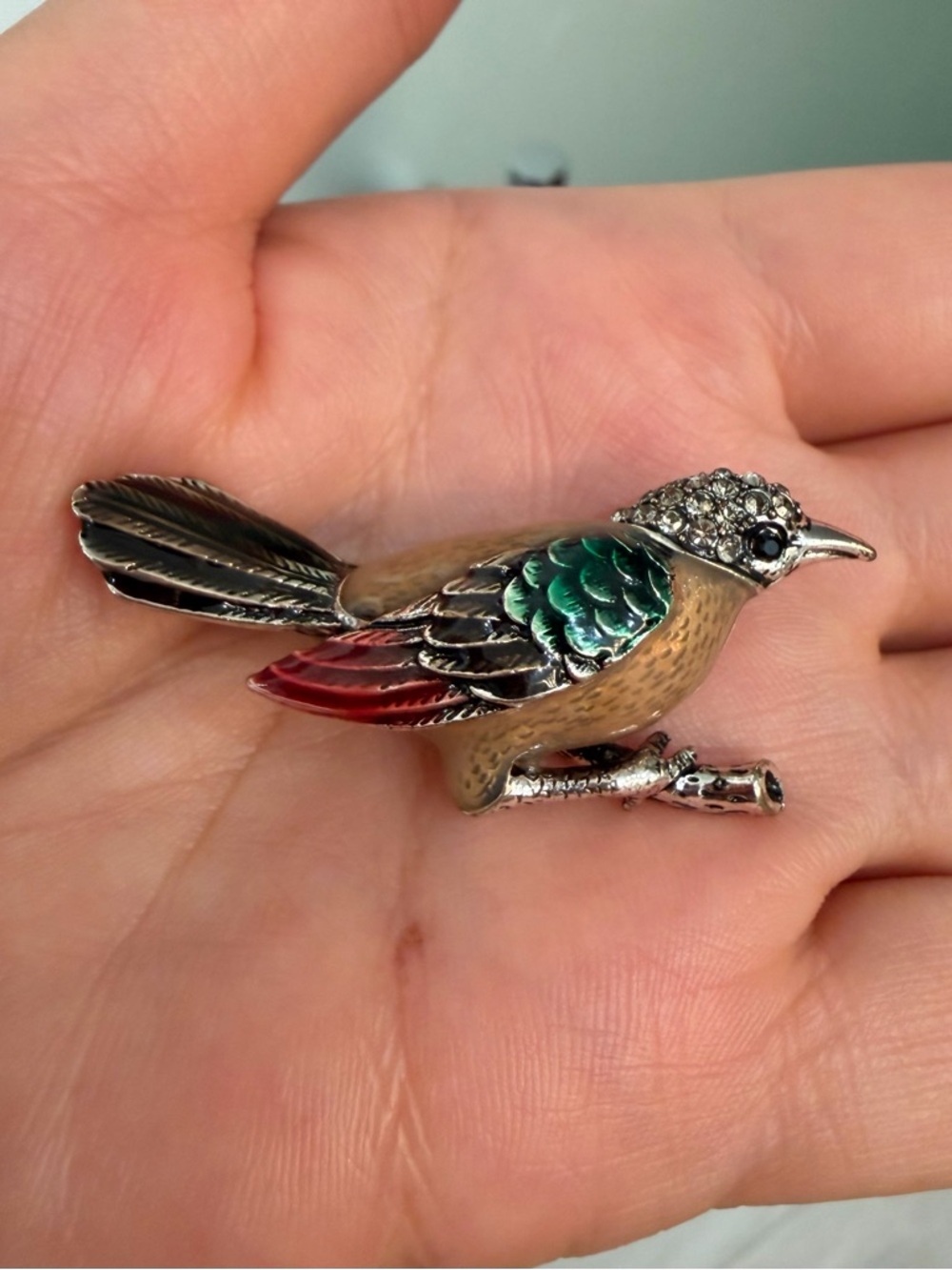 Decorative Bird Brooch - Multicolor Enamel & Crystal Accent